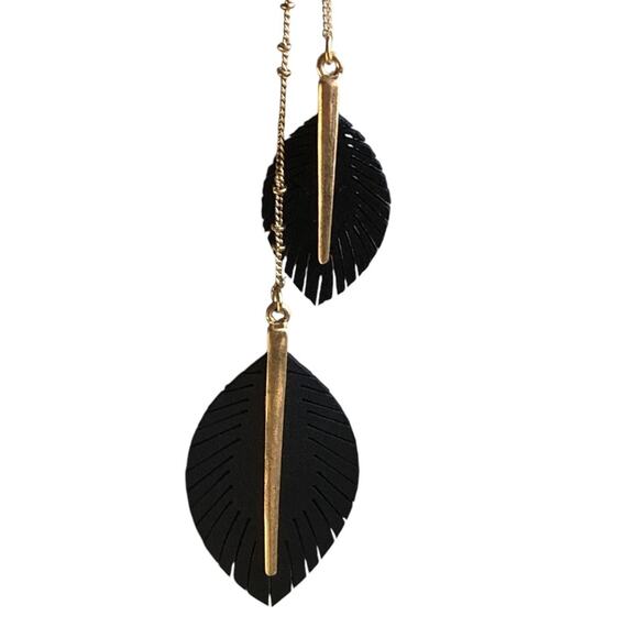 Gold Tone Small Gold Beads Black Fringed Feathered With Gold Bar Lariat Necklace - Picture 8 of 13
